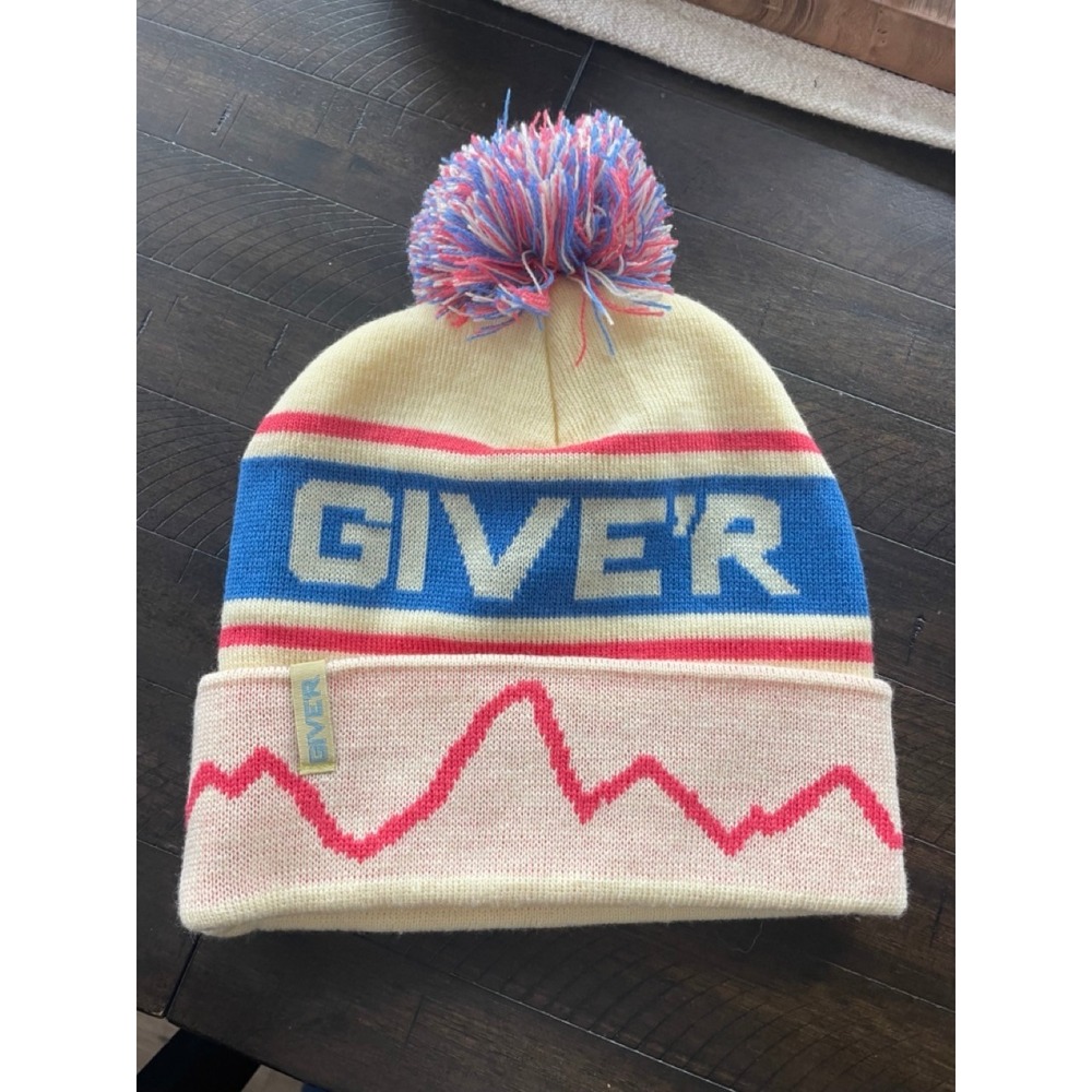 Give'r Retro Pom-Pom Beanie Hat Cream Blue Pink Mountain Knit Winter Cap